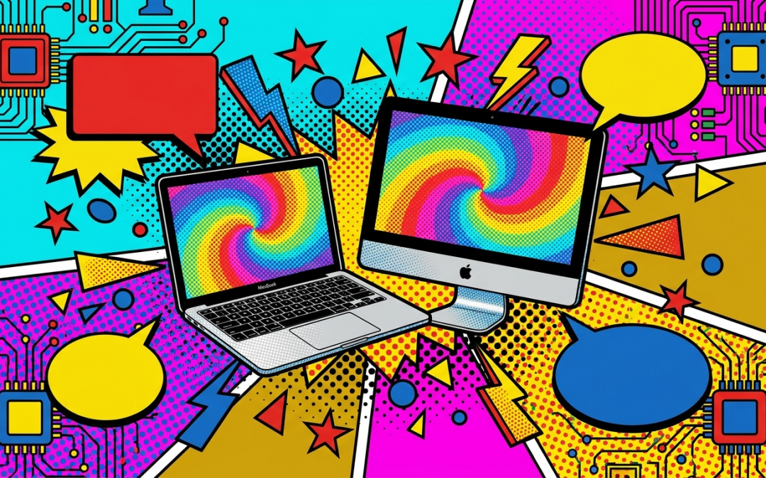 Pop-art illustration about Apple's new Mac lineup and their differences