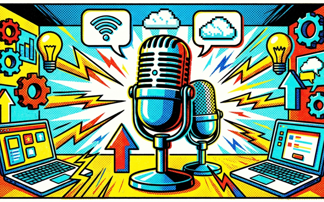 Pop-art illustration of the Digital4Productivity podcast topics and themes for 2023