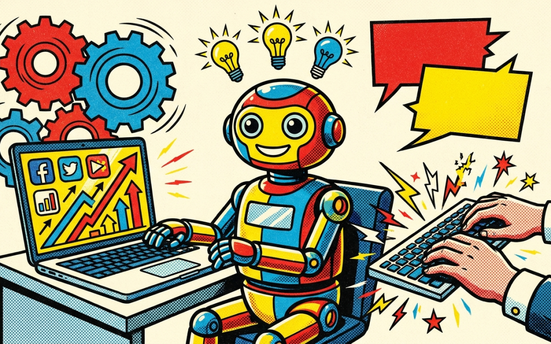 Pop-Art-Illustration zum Thema KI-Chatbot und Produktivitätssteigerung