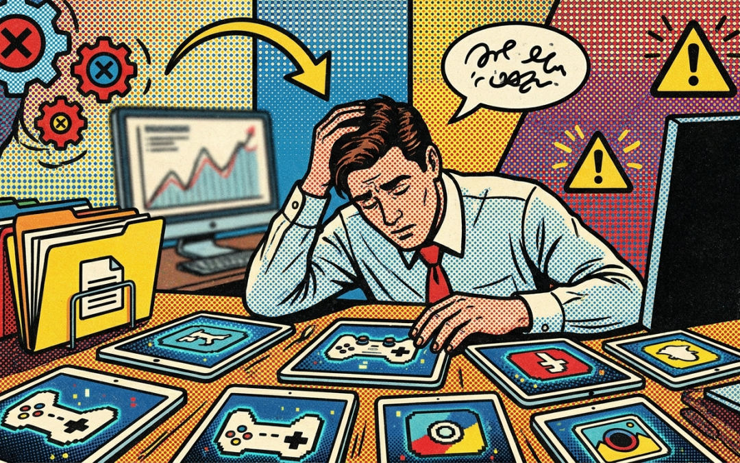 Pop-Art-Illustration zum Thema unproduktiver iPad-Einsatz in Unternehmen