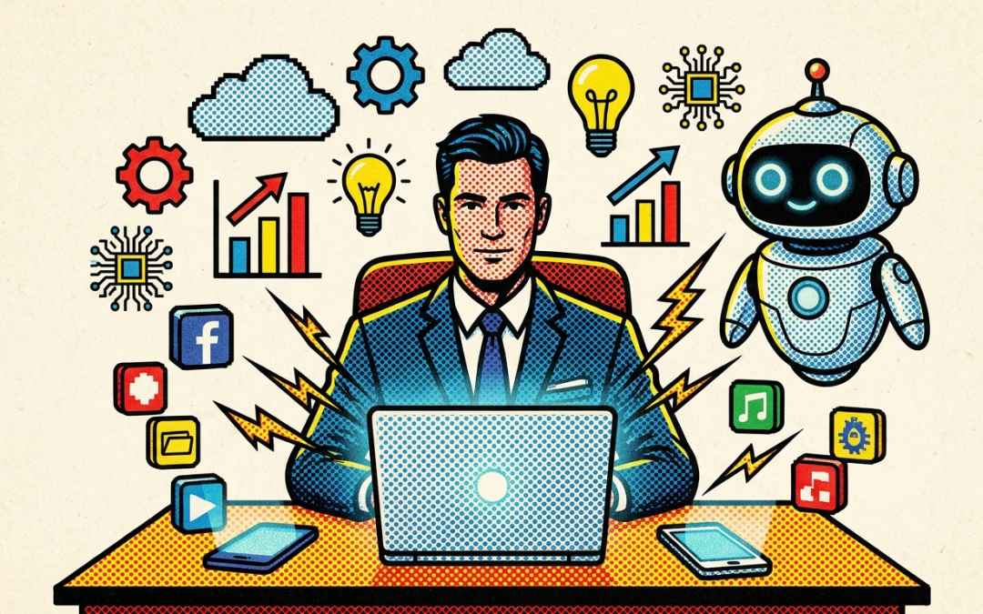Pop-Art-Illustration zum Thema IT-Kompetenz und Technik-Fitness für CEOs