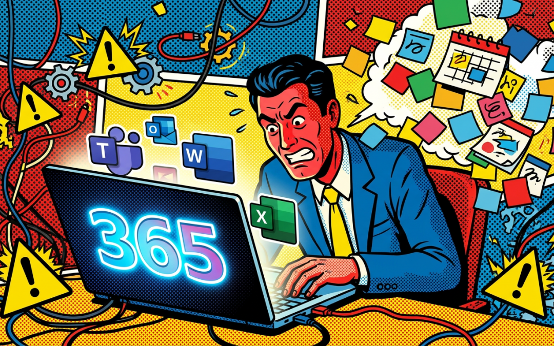 Pop-art illustration about common mistakes when introducing Microsoft 365