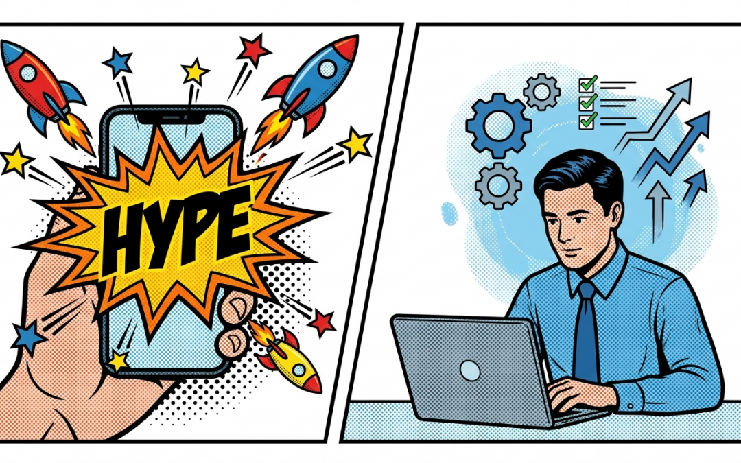 Pop-art illustration about hype and its relationship to productivity