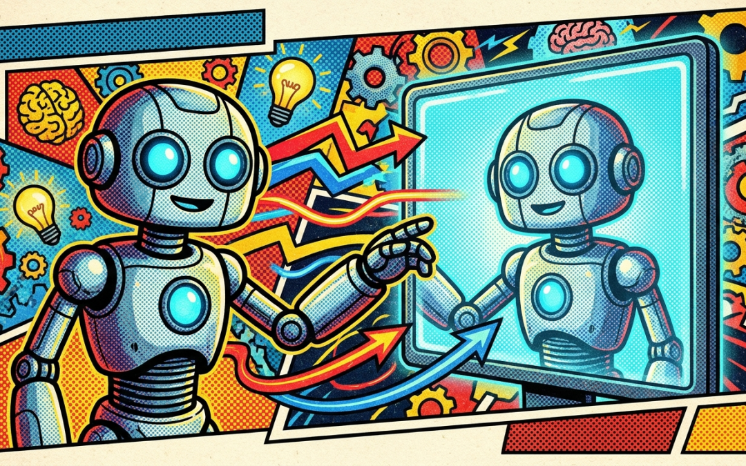 Pop-art illustration about the concept of a digital twin and AI services