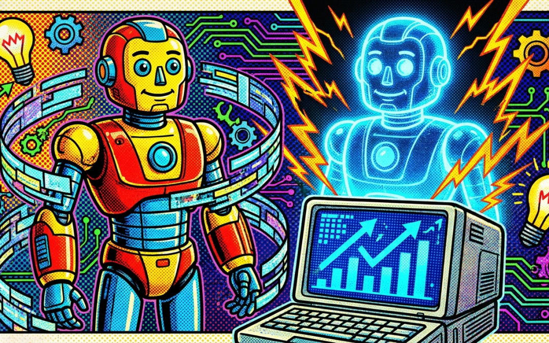 Pop-Art-Illustration zum Thema digitaler Zwilling und KI-basierte Klon-Dienste