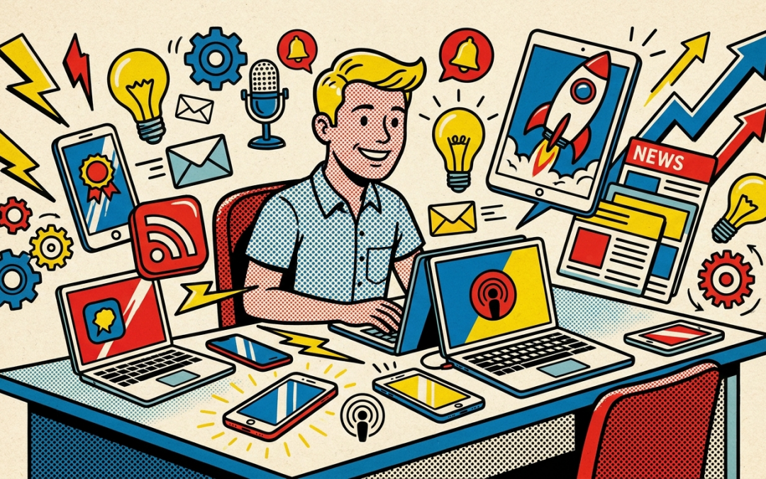 Pop-Art-Illustration zum Thema digitale Tools und aktuell bleiben im Alltag