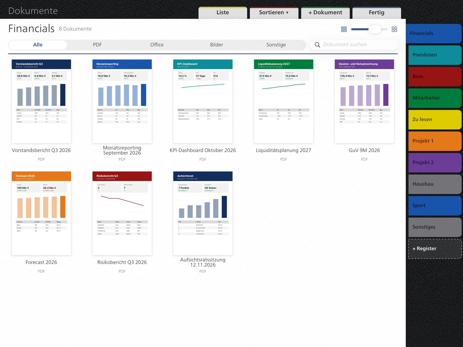 itempus Plus Dokumentenablage mit Vorstands-Reporting im Register Financials